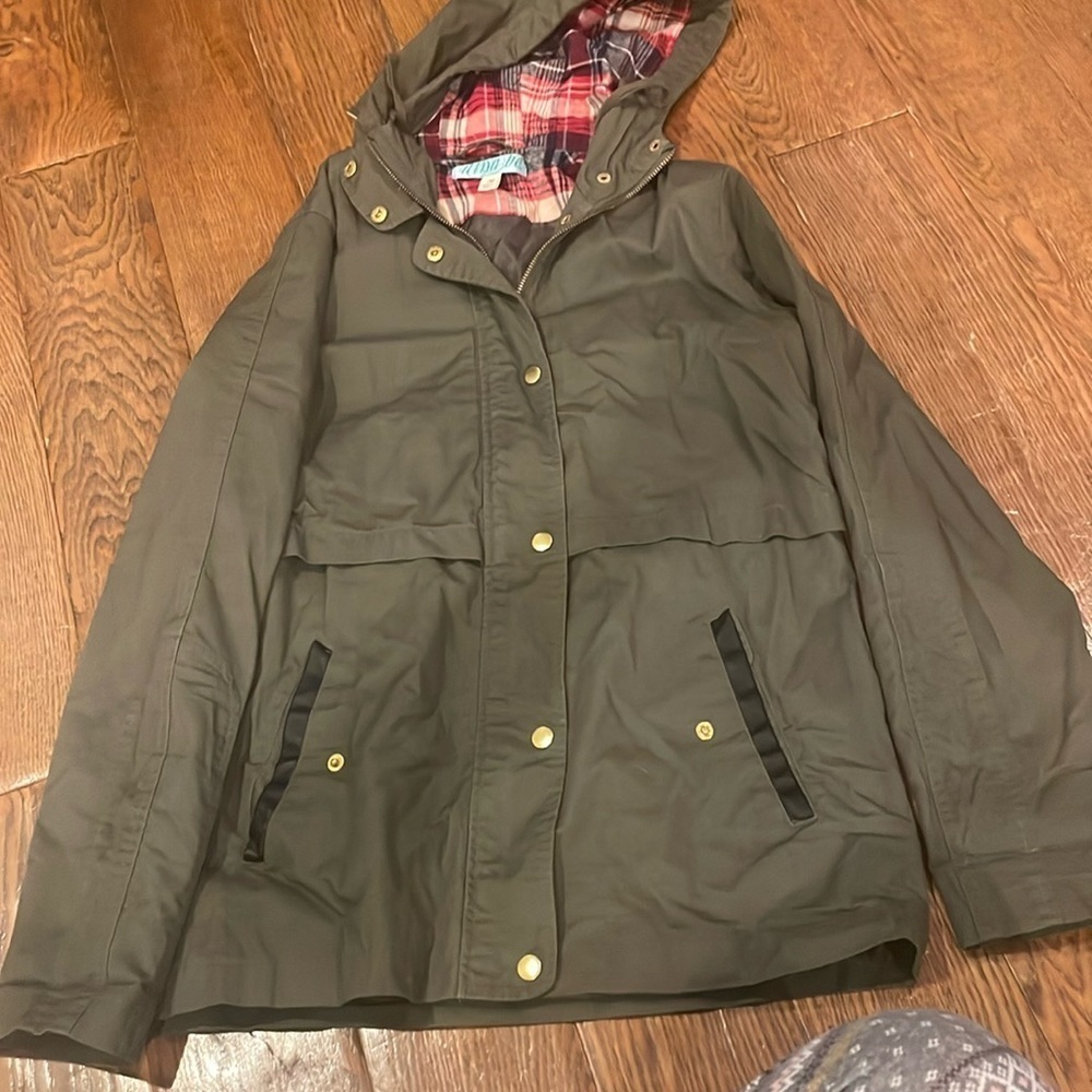 Olive Green & Plaid Hood LongSleeve Long Lightweight Coat Women’s Medium